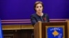 Ministrja për Punë të Jashtme dhe Diasporë e Kosovës, Donika Gërvalla, gjatë konferencës për media në Prishtinë më 16 maj 2024. 
