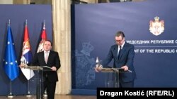 Komisionari i Bashkimit Evropian për Fqinjësi dhe Zgjerim, Oliver Varhelyi në konferencë për media me presidentin e Serbisë, Aleksandar Vuçiq në Beograd.
