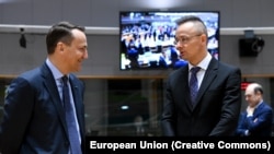 Radosław Sikorski lengyel külügyminiszter magyar kollégáját hallgatja Brüsszelben 2024. január 22-én