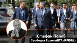 Колаж с автора на фона на кадър от регистрирането на кандидат-кмета Васил Терзиев (вляво) и листата на за общински съветници в София на "Демократична България", "Продължаваме промяната", "Спаси София" и "Екипът на София".