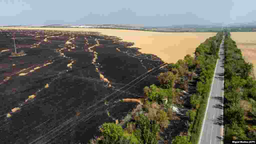 O fotografie aeriană din 8 iulie arată distrugerea pe scară largă a unui câmp de grâu lângă Siversk, în regiunea Donețk. Incendiile din lanurile uscate de grâu pot fi declanșate cu ușurință de explozii sau de fragmentele încinse ale schijelor de artilerie.