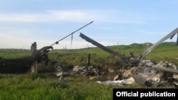 Nagorno-Karabakh - The wreckage of what Karabakh Armenian forces described as an Azerbaijani military helicopter shot down by them, 2Apr2016.
