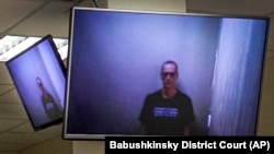 Alexei Navalnîi, în timpul audierii sale de joi, printr-o legătură video între instanță și penitenciar