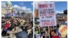 Një protestë kundër Qeverisë, e udhëhequr nga studentët, në Novi Pazar (majtas) dhe një tubim pro-qeveritar në Beograd.