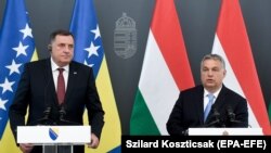 Milorad Dodik és Orbán Viktor közös sajtótájékoztatója 2019. június 18-án Budapesten