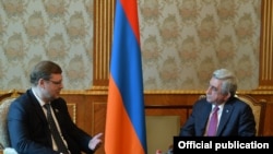 Armenia/Russia - Serzh Sarkisian, President of Armenia, meets with Konstantin Kosachev, Chairman of the Foreign Affairs Committee of the Russian parliament's upper house, Federation Council, Yerevan,14Mar,2018
