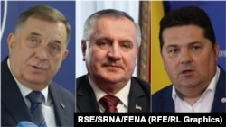 Zyrtarët më të lartë të Republikës Sërpska – nisur prej majtas – presidenti i entitetit, Millorad Dodik, kryeministri, Radovan Vishkoviq dhe kryetari i parlamentit, Nenad Stevandiq. Të tre janë në listën e sanksioneve amerikane.