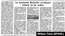 „La frontierele Berlinului occidental trebuie să fie ordine” (facsimil, Flacăra Roşie, 17.8. 1961)