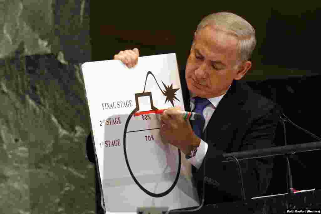 Az ENSZ közgyűlésén, 2012. szeptember 27-én egy ábrával emelte ki mondandóját az iráni atomprogramról, amire szerinte &quot;egyértelmű vörös vonalat kell húzni&quot; válaszként.